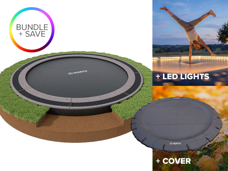 14ft Round North In Ground Trampoline + Cover + Lights Bundle